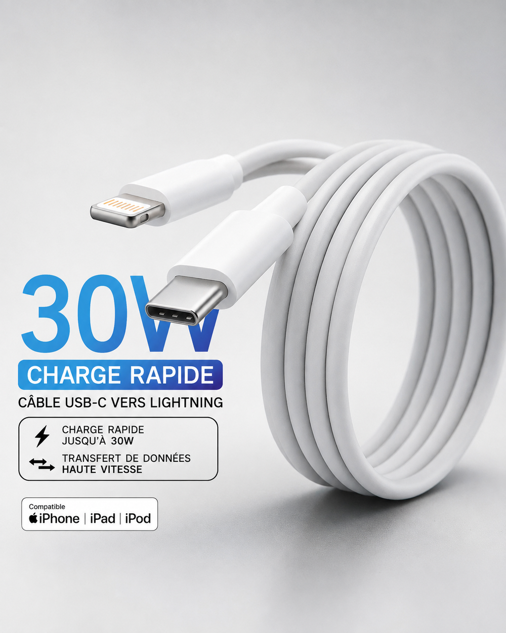 Câble USB-C vers Lightning 30W Charge Rapide | iPhone & iPad