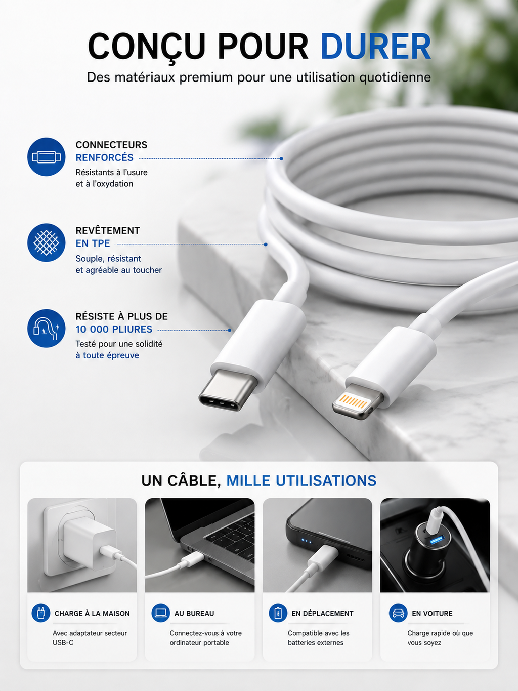 Câble USB-C vers Lightning 30W Charge Rapide | iPhone & iPad