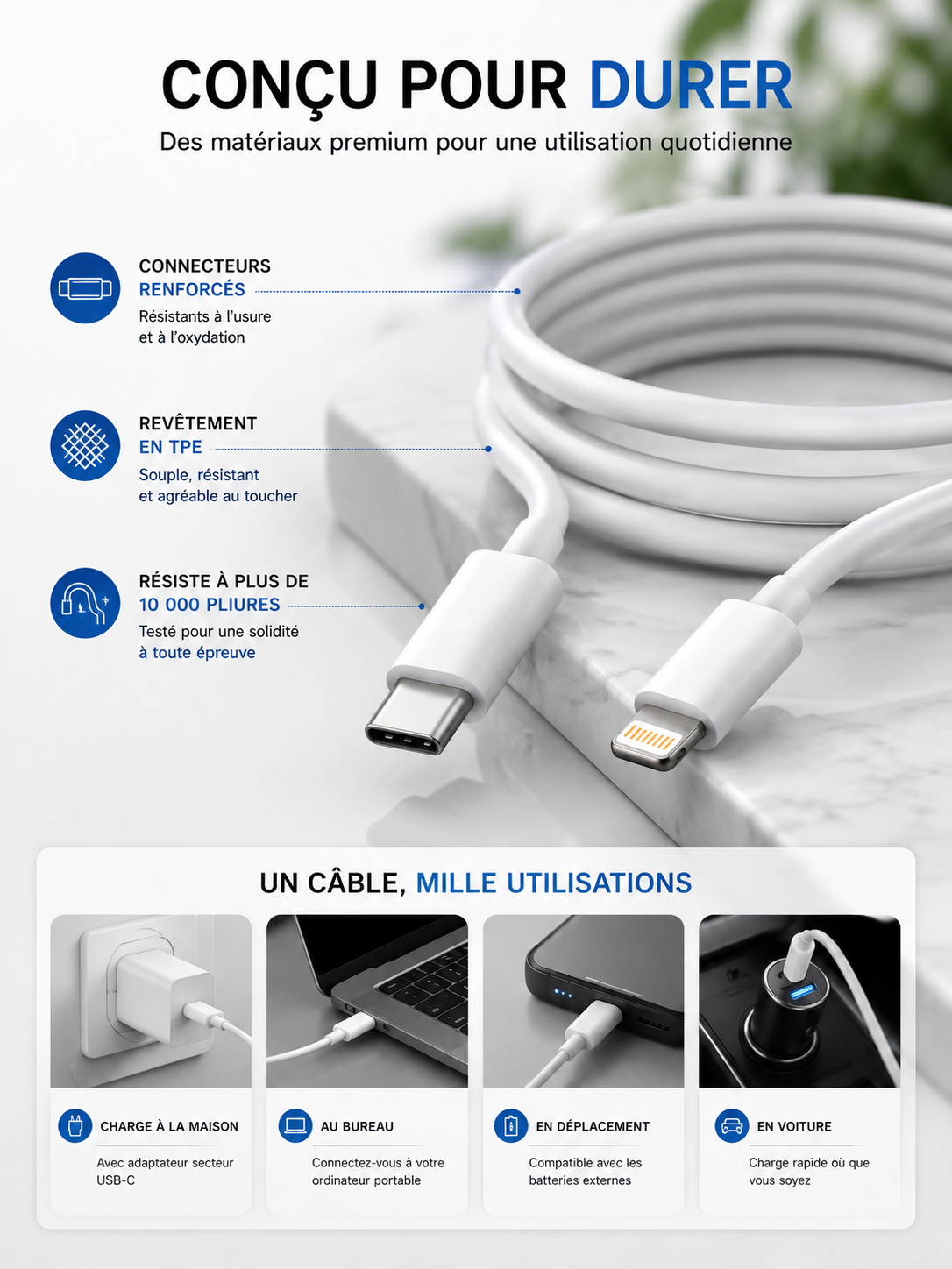 Câble USB-C vers Lightning 30W Charge Rapide | iPhone & iPad