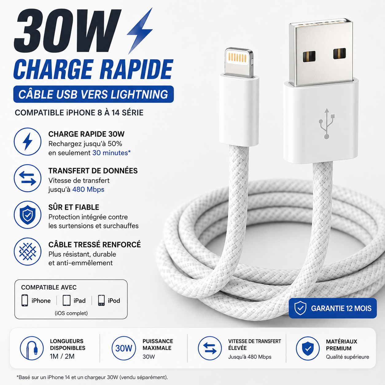 Câble USB-C vers Lightning 30W Charge Rapide | iPhone & iPad