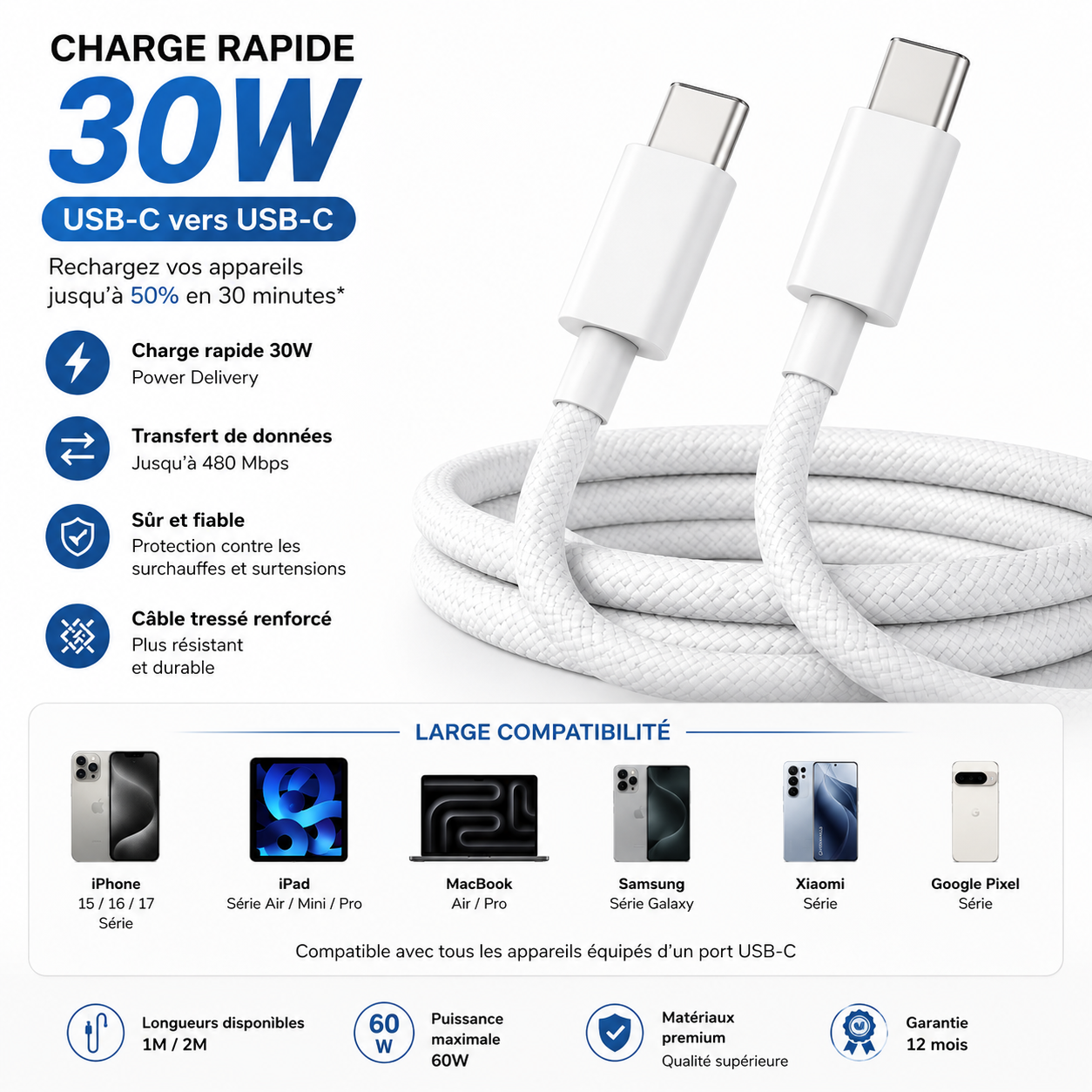 Câble USB-C vers USB-C 60W – Charge Rapide PD & Synchronisation | iPhone, Android, MacBook & iPad