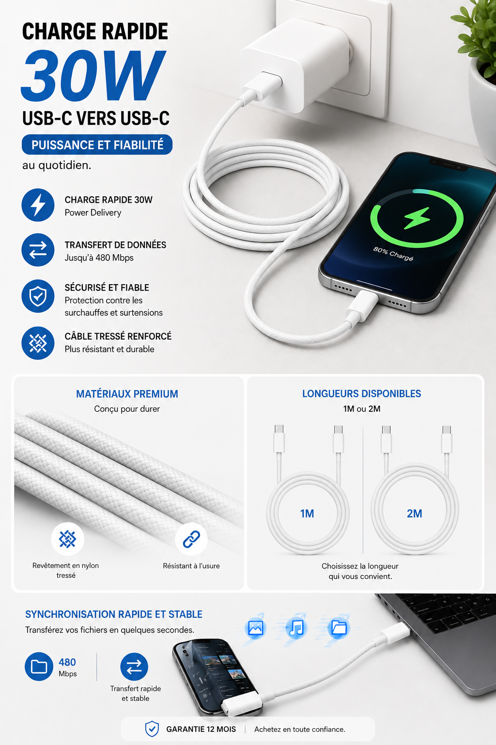 Câble USB-C vers USB-C 60W – Charge Rapide PD & Synchronisation | iPhone, Android, MacBook & iPad