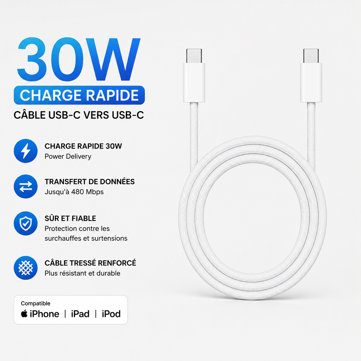 Câble USB-C vers USB-C 60W – Charge Rapide PD & Synchronisation | iPhone, Android, MacBook & iPad
